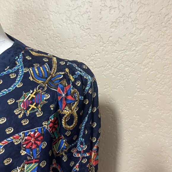 Diane Freis Womens Vintage Long Sleeves Silk dress Printed Deep Blue Size Medium - Picture 7 of 9